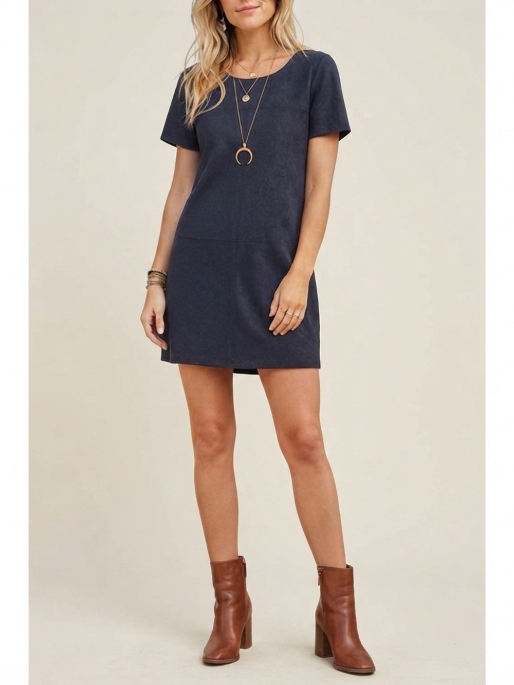 Mackenzie & Me Navy Faux Suede Short Sleeve Dress Womens Size Medium Made in USA